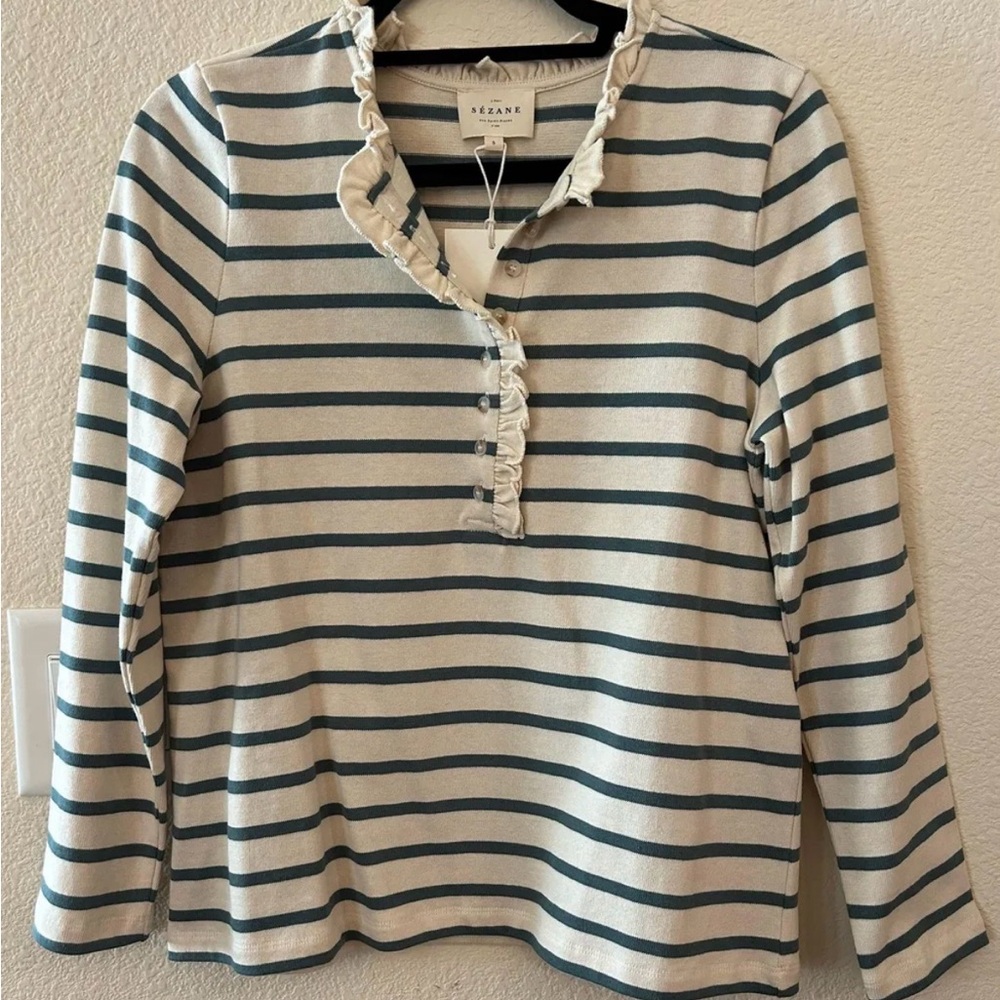 Sézane Striped Ruffle Collar Long Sleeve Top